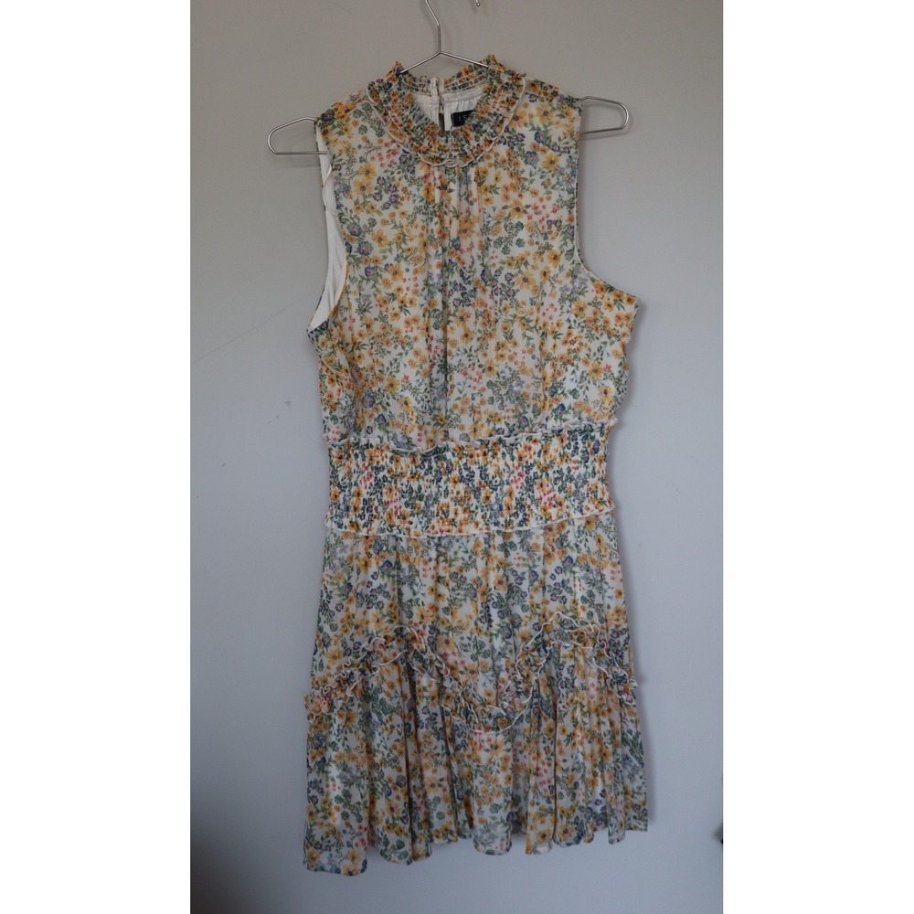 1.STATE Womens Smocked High Neck Floral Ruffle Tiered Mini Dress Yellow Blue L - Picture 1 of 7